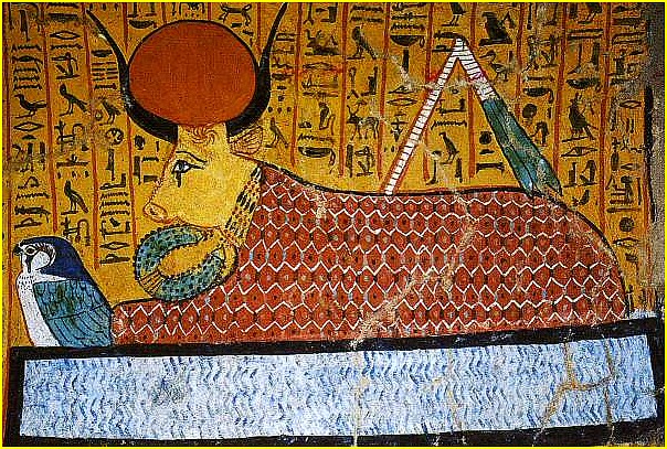 Cette peinture murale de la tombe d'Irynfer, reprsente la desse HATHOR sous l'apparence d'une vache cleste, et portant le collier menat, instrument de musique appartenant  la famille des idiophones, et attribut cultuel de la divinit. Ici, en soulevant le faucon HORUS des eaux primordiales (symbolis par un bassin d'eau), elle aide chaque matin le soleil (R)  renatre.