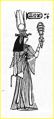 Le contenu du cartouche situ en haut de ce dessin nous indique qu'il s'agit de la grande pouse royale Nefertari, femme du pharaon RAMSES II (XIXe dynastie); celle-ci tient dans sa main gauche un sistre hathorique.