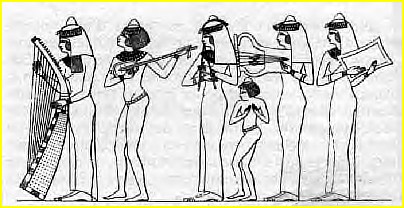 On peut distinguer sur ce dessin, de gauche  droite, une harpiste, une luthiste, une joueuse de double hautbois (hautboste), une joueuse de lyre et une joueuse de tambour quadrangulaire (tambourinaire).