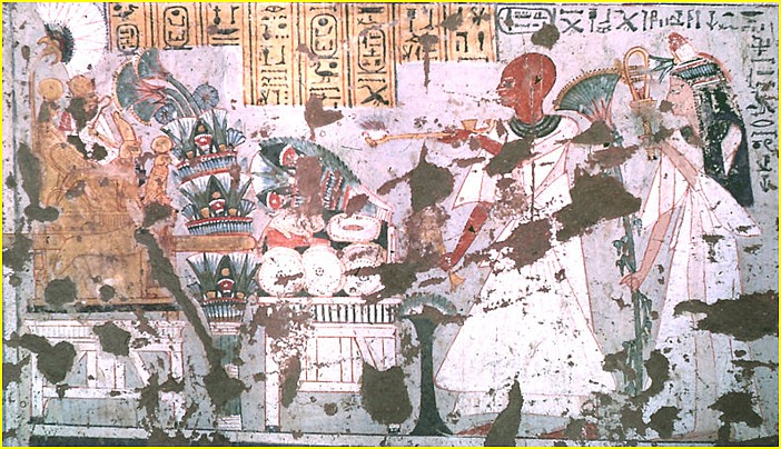 Sur cette peinture murale voquant une scne d'offrande faite  la statue d'AMENOPHIS I, nous pouvons observer PANEHESY tenant un bras d'HORUS (encensoir dot d'une cassolette  son extrmit) et, derrire lui, son pouse utilisant un sistre hathorique (instrument de musique et attribut de la desse HATHOR) qu'elle tient de la main gauche.